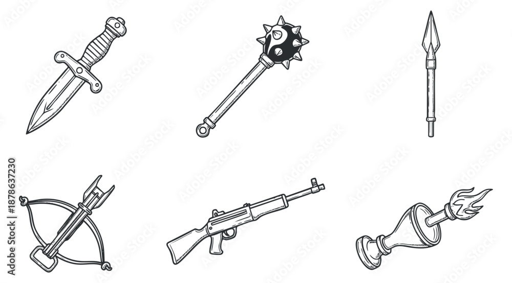 Naklejka premium A collection of various weapons including a dagger, mace, spear, crossbow, gun, and chalice in black and white outline vector style, suitable for fantasy and gaming projects