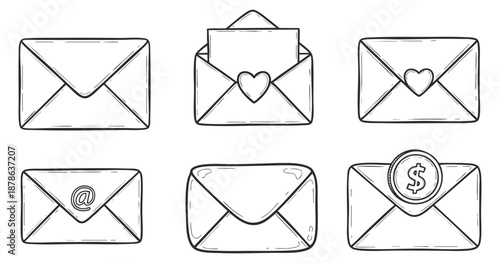 A collection of outlined envelopes featuring designs with hearts, dollar signs, and at symbols in a minimalist vector style, ideal for digital communication and marketing projects