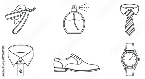 A collection of men's fashion accessories including a collar stays, cologne bottle, necktie, dress shirt, shoes, and watch in minimalist line art vector style, ideal for fashion and grooming projects