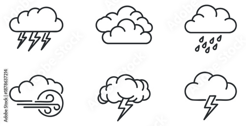 A set of weather icons featuring clouds with lightning, rain, and wind in black and white outline vector style, suitable for weather apps and educational materials