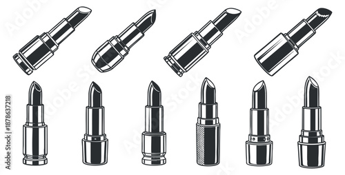 A collection of various lipstick designs in black and white outline vector style, perfect for beauty and cosmetics branding