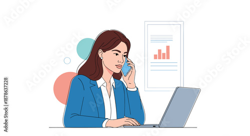 Focused businesswoman works on her laptop and handles an important phone call simultaneously in a productive office setting.