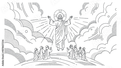 A depiction of Jesus Christ in outline vector style, surrounded by clouds and worshippers, perfect for religious themes and spiritual illustrations