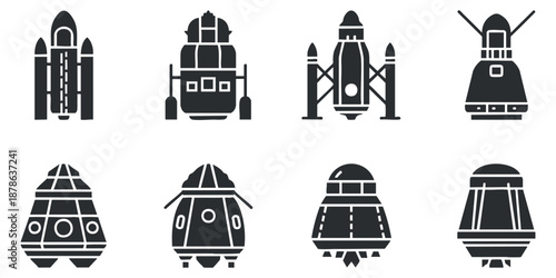 A set of various rocket and spacecraft icons in flat black and white vector style, suitable for technology and space exploration themes