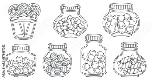 A collection of candy jars and lollipops in outline vector style, perfect for dessert packaging and sweet shop branding