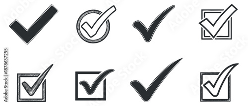 Free Download A collection of various check marks and ticks in black and white minimalist vector style, suitable for design projects and user interface elements - GFXLoad