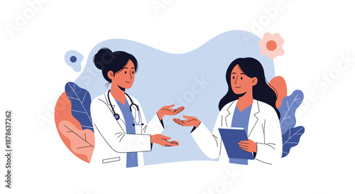 Two dedicated female doctors in white coats have an engaged discussion about medical treatments in a modern clinic background.