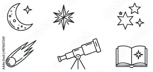 A collection of celestial elements including a moon, stars, a telescope, a comet, and an open book in minimalist outline vector style, ideal for educational and astronomical themes
