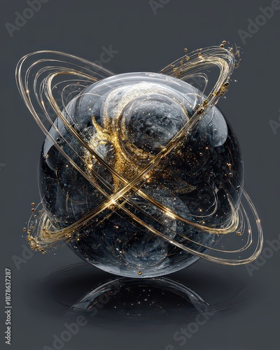 Abstract spherical design with glittering golden rings and textures