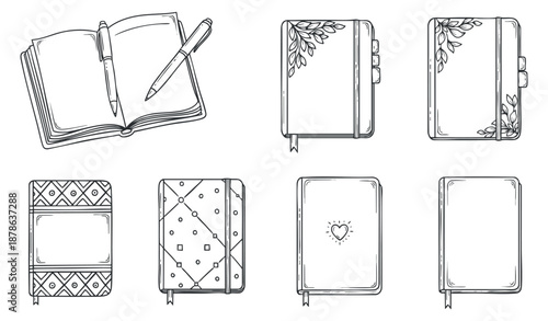 A collection of illustrated notebooks and journals with decorative elements in minimalist outline vector style, perfect for stationery branding and design projects