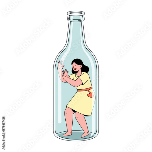 Woman trapped inside a bottle expressing feelings of confinement  