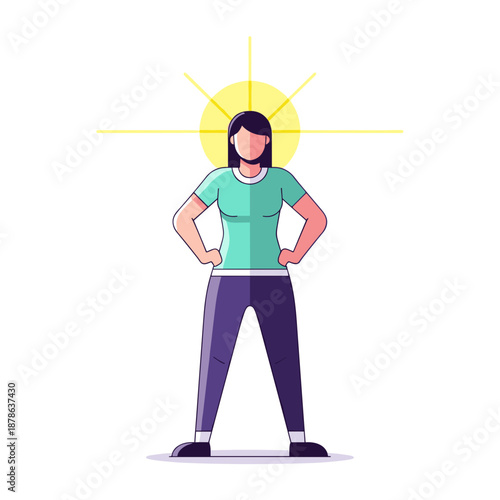 Confident woman standing with hands on hips and sunburst behind  