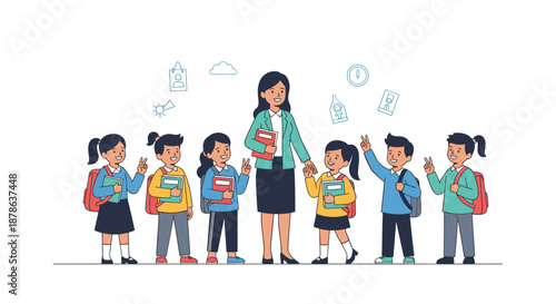 Friendly female teacher stands with a group of diverse elementary students holding their school books on their first day back.