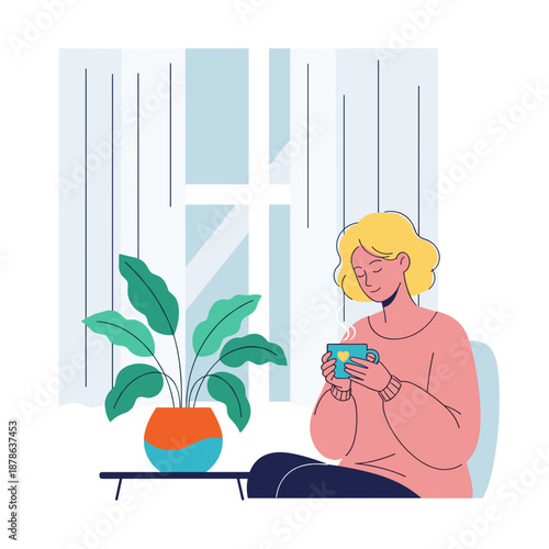 Young woman sipping tea while relaxing at home by the window  