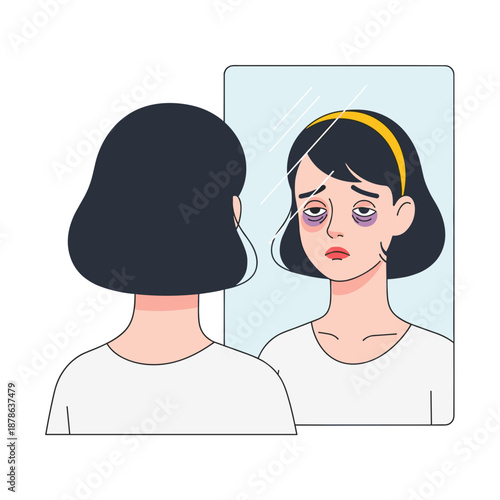 Young woman with dark circles reflecting sadness in mirror  