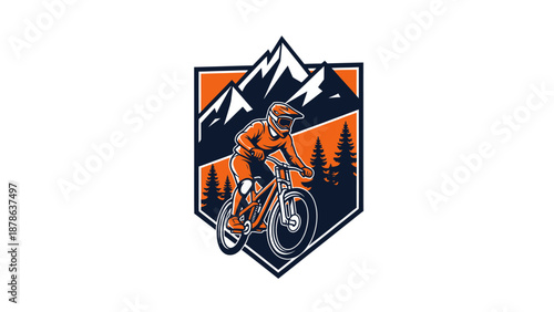 Mountain Biker Riding Downhill in a Forest with Mountains and Trees