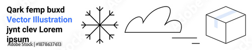 Weather, climate, simplicity, abstract ideas, packaging concepts, geometric design. Minimalist snowflake, cloud and cube drawings. Weather and climate concept with abstract and geometric elements