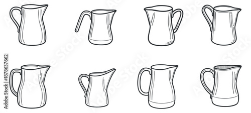 A collection of eight outline style pitchers in black and white minimalist vector design, perfect for kitchenware and dining illustrations