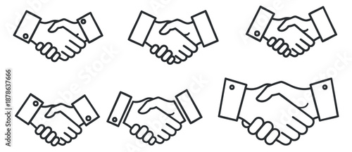 A set of handshake icons in clean outline vector style, suitable for business collaboration and partnership themes