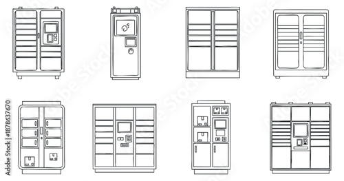 A collection of vending machines in minimalist outline vector style, ideal for retail and food service design