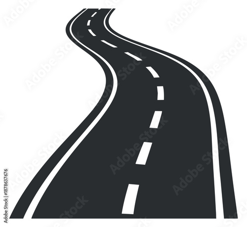 A curved road illustration with lane markings in black and white minimalist vector style, suitable for transportation and travel projects