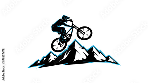 Silhouette of a mountain biker jumping over a stylized mountain range with a blue outline.