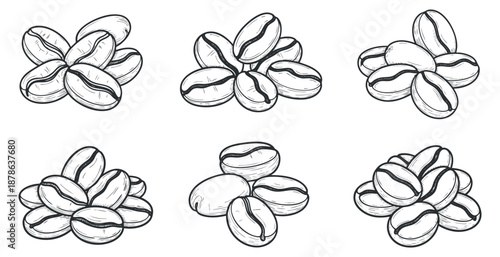 A set of hand-drawn coffee beans in black and white outline vector style, suitable for coffee shop branding and packaging