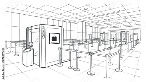 A detailed line art illustration of an airport security checkpoint with queues and luggage scanners in minimalist vector style, suitable for travel-related designs