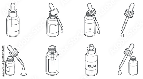 A collection of outline vector illustrations of serum bottles with droppers, showcasing different designs and labels, ideal for skincare branding and packaging