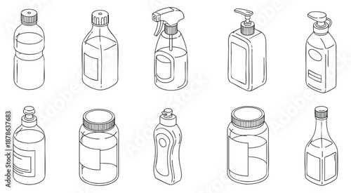 A set of various bottle designs in clean outline vector style, suitable for packaging and branding projects