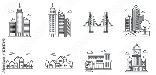 A collection of urban buildings, houses, and a bridge in minimalist outline vector style, suitable for architectural design projects