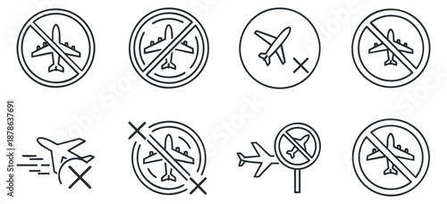 A collection of airplane prohibition icons in minimalist line art vector style, suitable for travel safety signage and communication