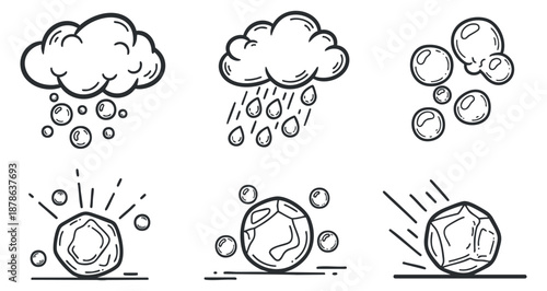 A collection of weather elements including clouds, rain, snow, and bubbles in black and white outline vector style, ideal for educational and creative projects