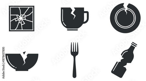 A collection of broken kitchen items including a cracked plate, cup, bowl, and a fork in minimalist black and white vector style, ideal for kitchenware brands or illustrations about breakage.