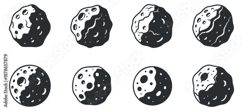 A set of black and white asteroid and moon illustrations in minimalist vector style, suitable for space-themed designs and projects