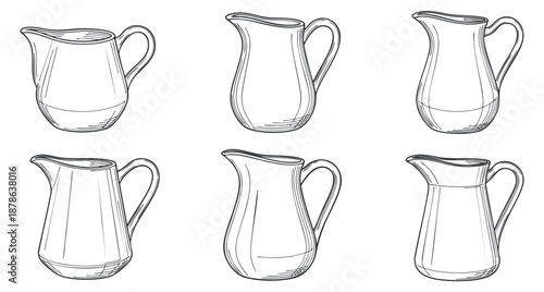 A collection of six outlined pitchers and jugs in minimalist line art style, suitable for kitchenware illustrations and design projects
