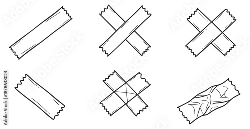 A collection of hand-drawn adhesive tape illustrations in black and white outline style, suitable for craft projects and design.