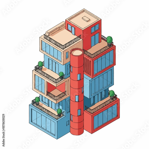 Isometric modern apartment building with balconies and central cylindrical structure.