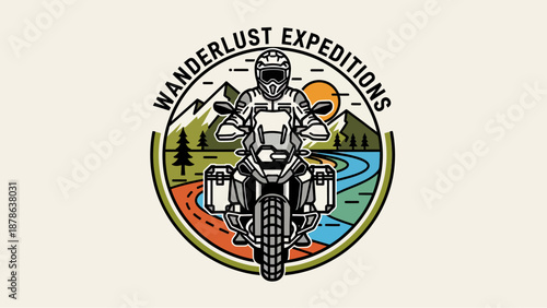 Circular logo for 'Wanderlust Expeditions' featuring an adventure motorcyclist, mountains, river, trees, and sun, symbolizing travel and exploration.