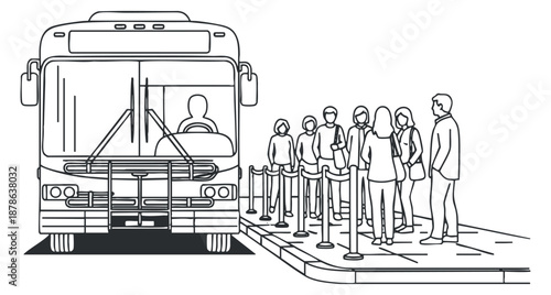 A group of people waiting in line for a bus at a bus stop in minimalist outline vector style, suitable for transportation-related projects