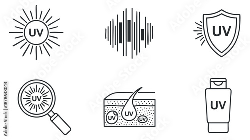 A collection of UV protection icons including sun rays, magnifying glass, and shield in minimalist vector style, suitable for skincare and health applications