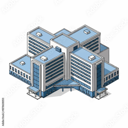 Isometric modern hospital building illustration with multiple wings.