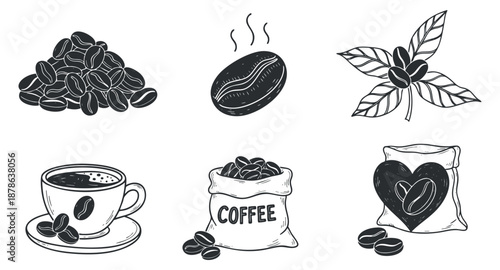 A collection of coffee-related illustrations featuring coffee beans, a cup, a sack, and coffee leaves in black and white minimalist vector style, ideal for branding and packaging
