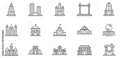 A collection of various building icons in minimalist outline vector style, suitable for urban design and architecture projects