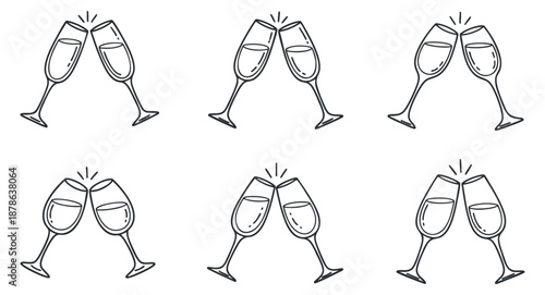 A set of outline illustrations featuring glasses clinking in a minimalist vector style, perfect for celebration themes and event graphics