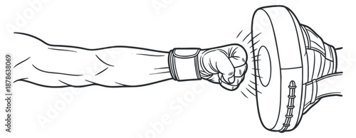 A fist striking a boxing pad in black and white outline vector style, ideal for fitness and sports branding