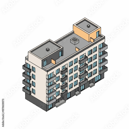 Isometric modern apartment building with balconies and flat roof.