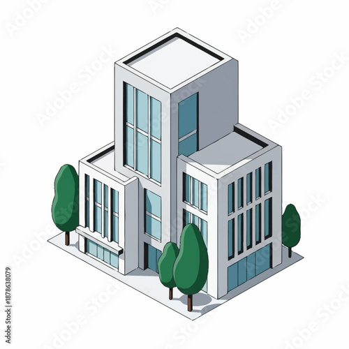 Isometric modern office building with trees on a white background.