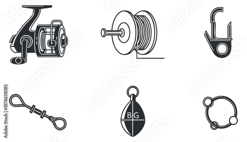 A collection of fishing gear icons including a fishing reel, spool, hook, and clip in minimalist black and white vector style, ideal for outdoor sports branding