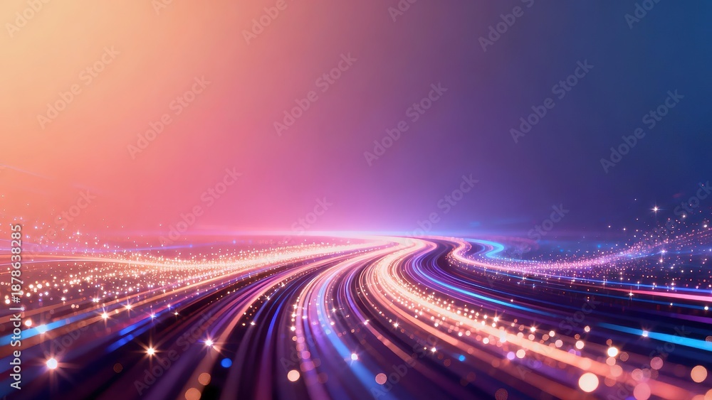 Fototapeta premium Abstract Digital Speed and Data Transfer Concept with Glowing Light Trails and Gradient Purple Pink Blue Background